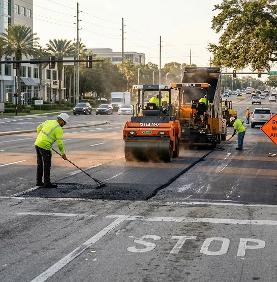 Worker leveling fresh asphalt edge during road paving near curb line
