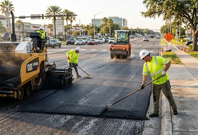 Close-up of worker smoothing hot asphalt before compaction