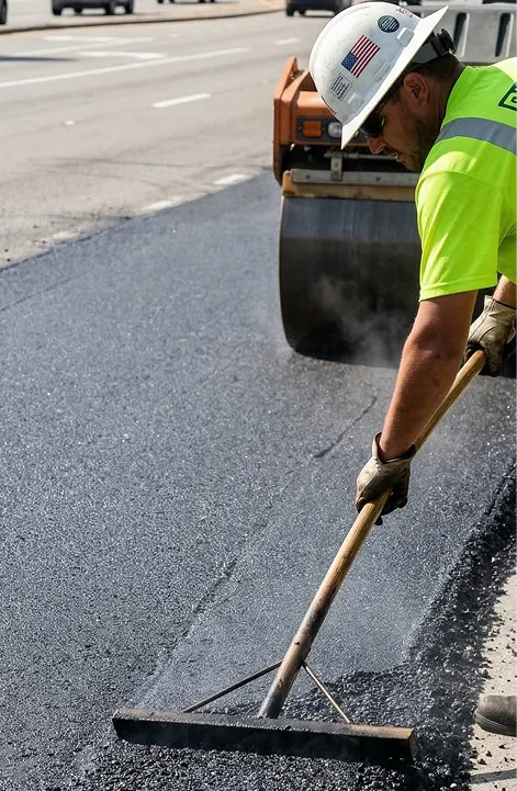 Road paving operation with roller compacting fresh asphalt layer at intersection