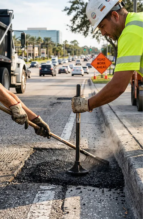 Close-up of workers compacting asphalt patch near curb on city road
