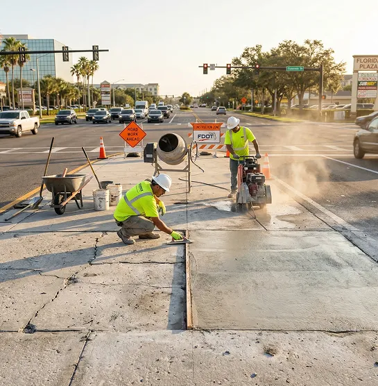Crew repairing damaged concrete sidewalk panels at busy Florida intersection