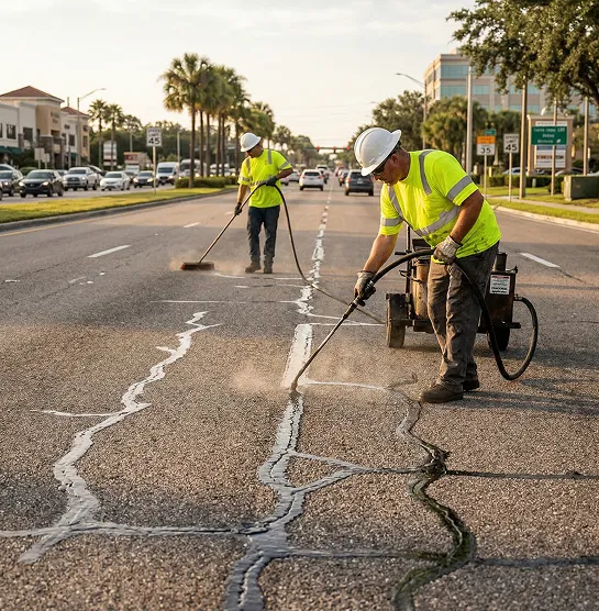 Crew performing asphalt crack sealing on roadway with hot rubber applicator