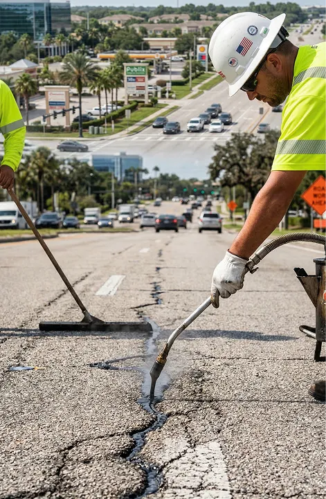 Close-up of crack sealing application on worn asphalt road surface