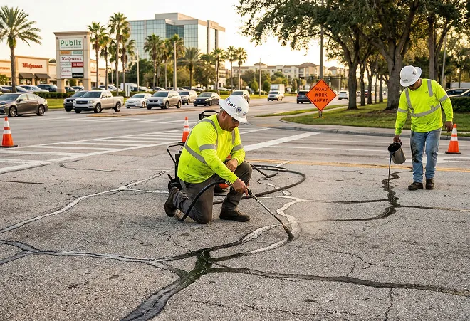 Asphalt crack sealing crew repairing damaged surface at busy intersection