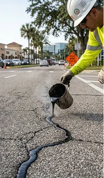 Worker pouring sealant into pavement crack during asphalt repair process