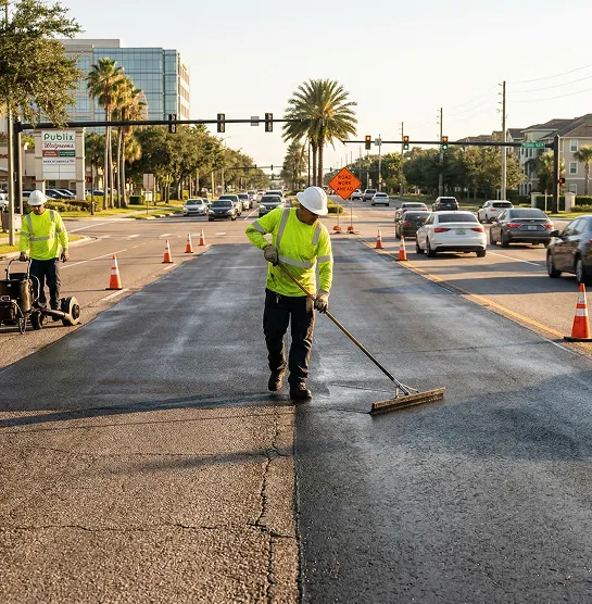 Worker applying asphalt sealcoating to protect roadway surface on busy Florida street