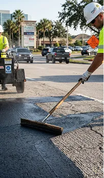 Close-up of sealcoating being spread evenly over worn asphalt surface