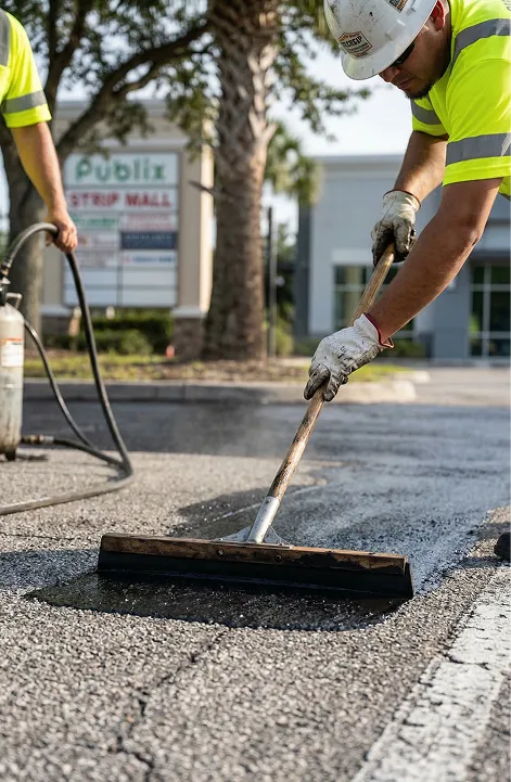Worker smoothing fresh sealcoat layer to extend asphalt lifespan