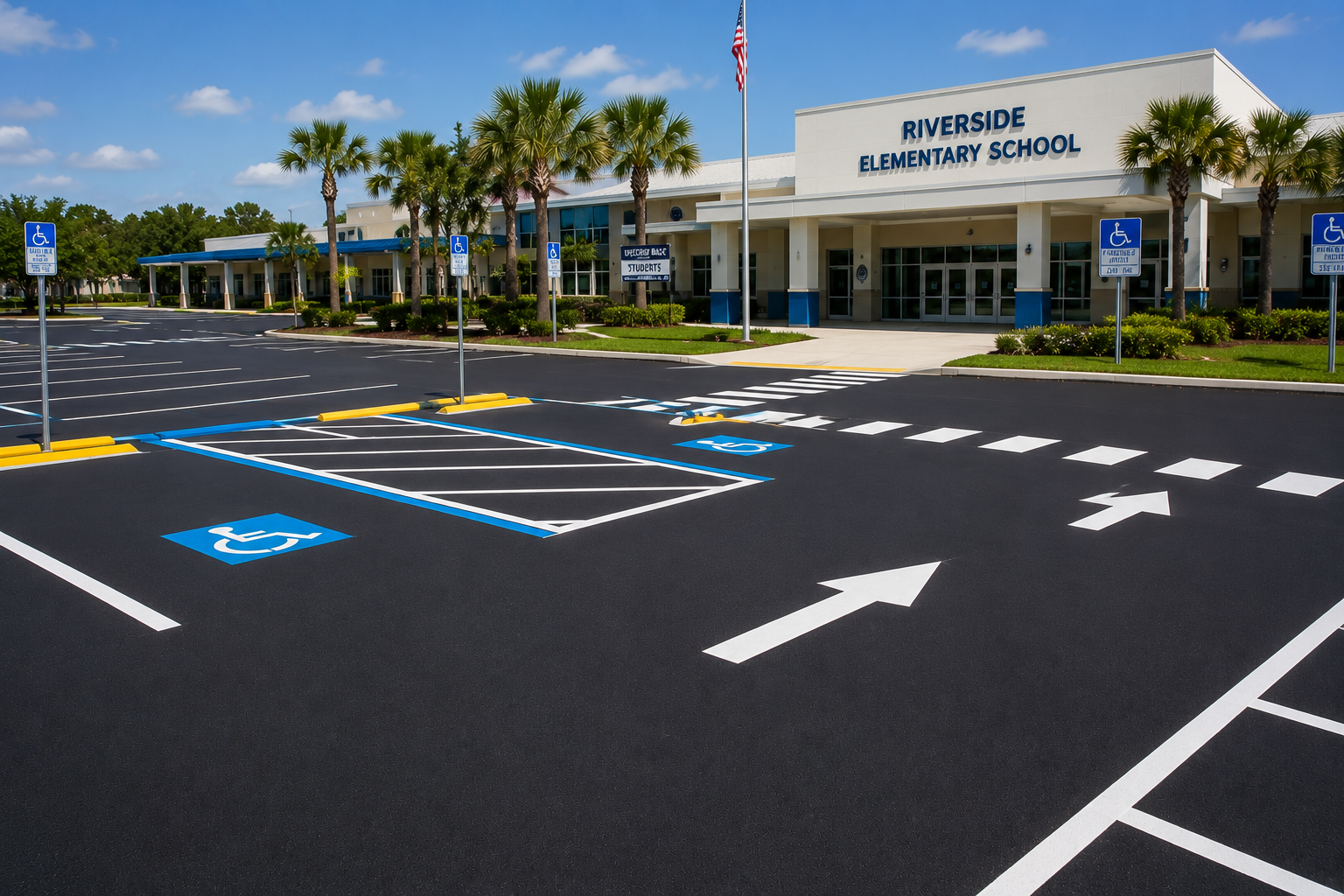 School parking lot with new line striping