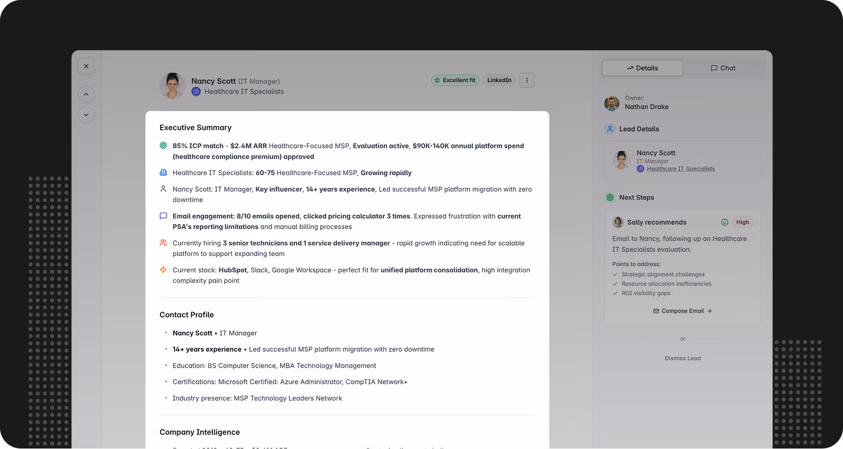 Dashboard profile summary for Nancy Scott, IT Manager at Healthcare IT Specialists, showing executive summary, contact profile, company intelligence, and next steps details.