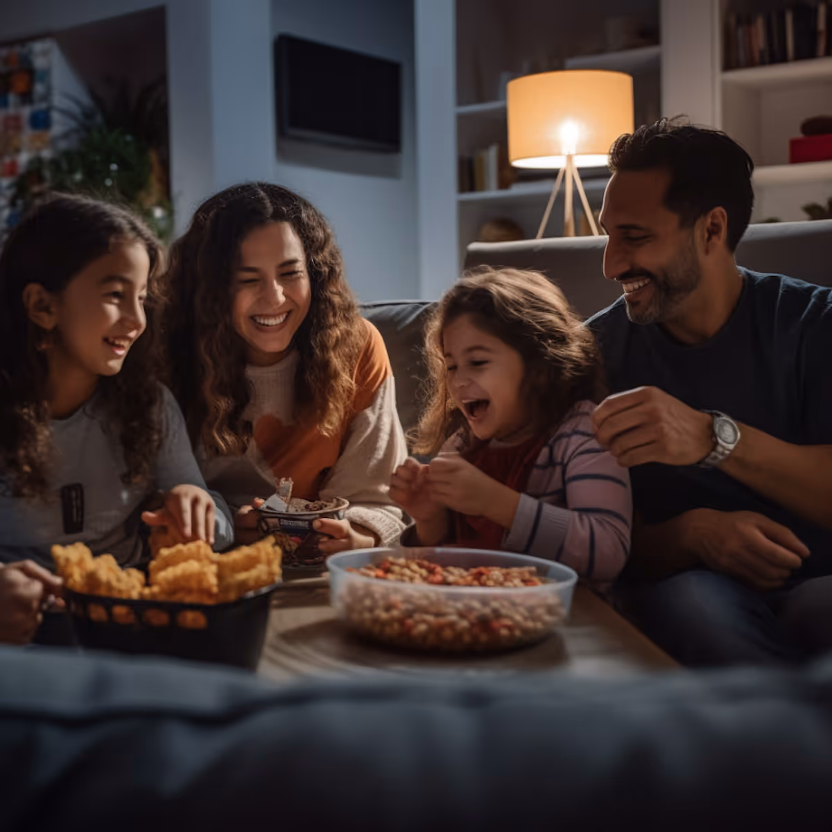 Family of four sitting on a couch, laughing and enjoying snacks together in a warmly lit living room.