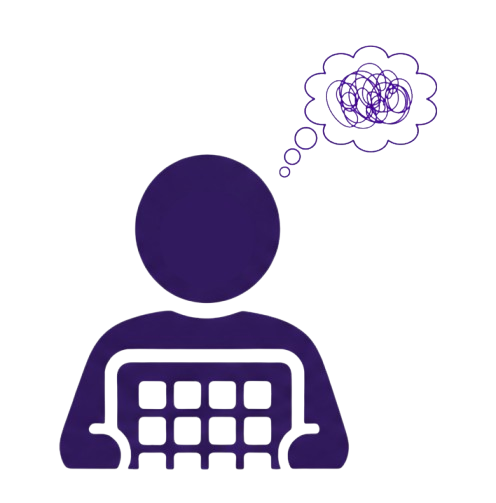 Purple icon of a person holding an AAC device with a grid of communication symbols, with a