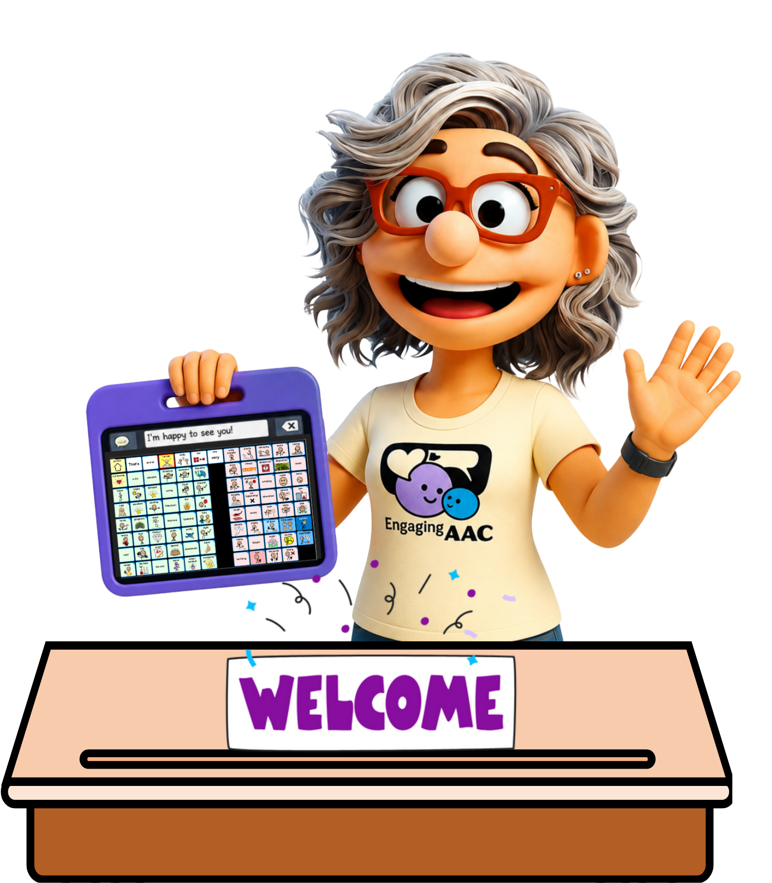 Lauren smiles and waves while holding an AAC communication device behind a welcome desk.
