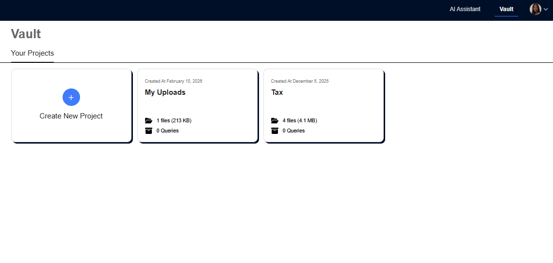 Empty project page showing upload area and Create Folder option