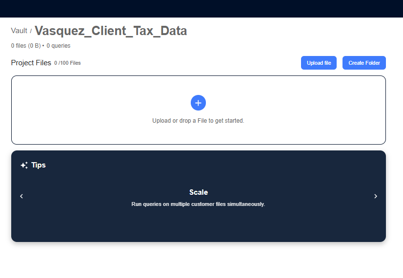 Uploading is drag-and-drop or through the upload button, and the Vault accepts PDFs, spreadsheets, scanned documents, and the other formats tax professionals already work with. 