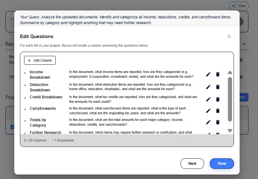 Edit Questions dialog showing auto-generated columns with edit, delete, and Add Column options