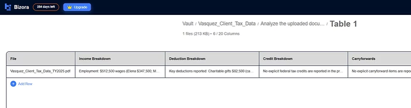 Generated table showing columns for File, Taxpayer Info, Employment & Business Income, Investment & Rental Income, Deductions & Expenses, Payments & Allocations