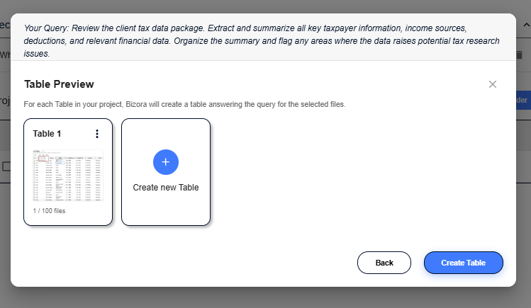 Table preview for the query on Bizora with options to go back or create table
