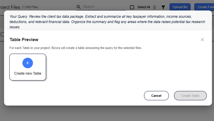 Table Preview dialog with Create new Table option