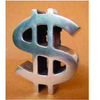 Dollar, símbolo capital, aluminio pulido, obra de autor, 50 cm de alto aprox