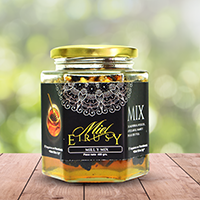 MIEL Y MIX / 400 grs de contenido, miel natural con nueces, almendras, avellanas, maní y pasas de uvas.
