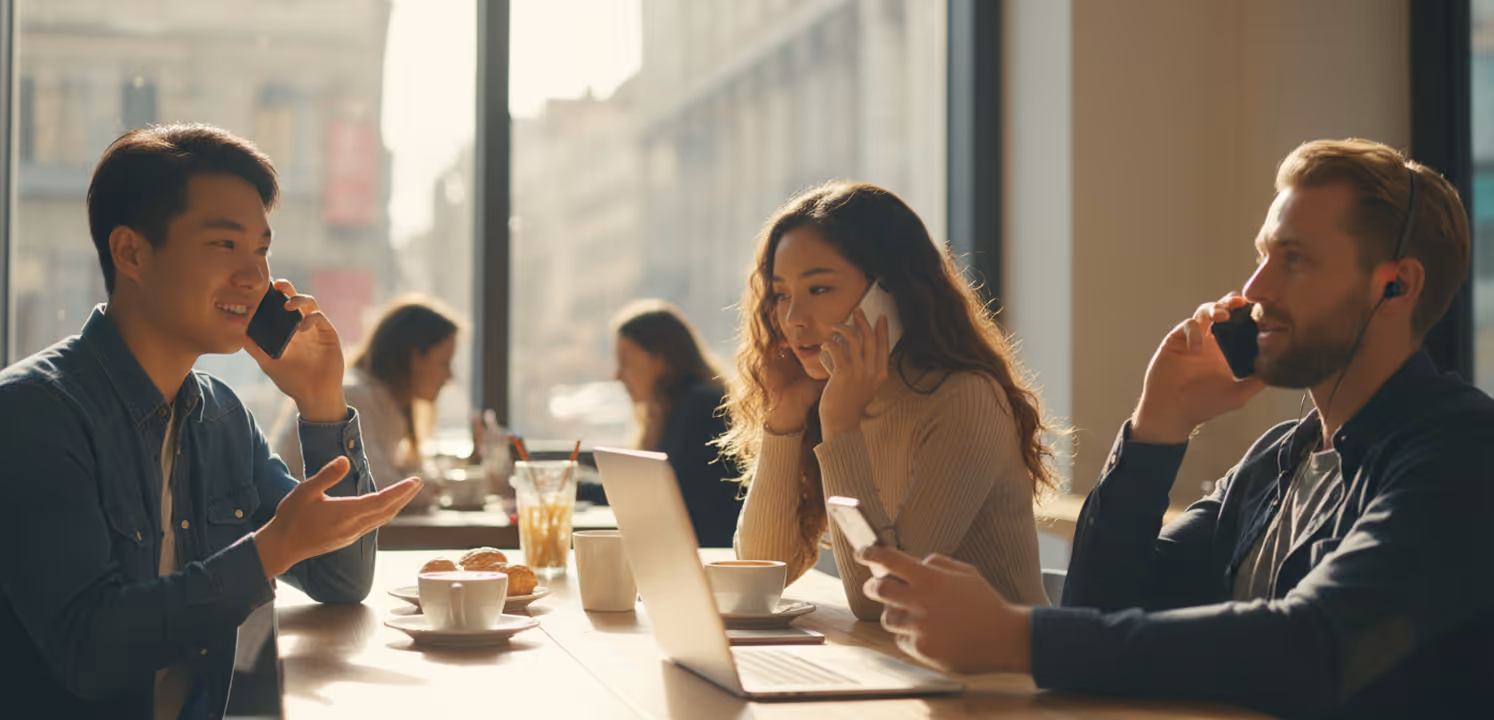 Three people sitting at a table in a cafe, each talking on their mobile phones with drinks and a laptop in front of them.