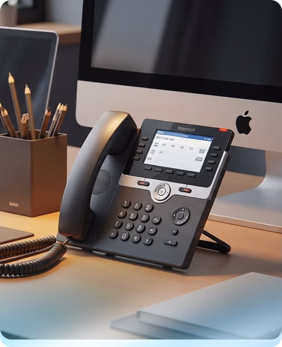 Desk setup with a desktop computer, a black office phone with a digital display, and a pencil holder containing sharpened wooden pencils.