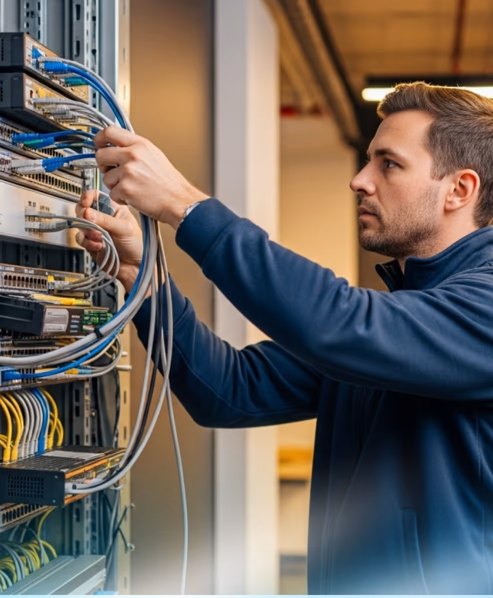 Technician connecting cables on a server rack in a data center.