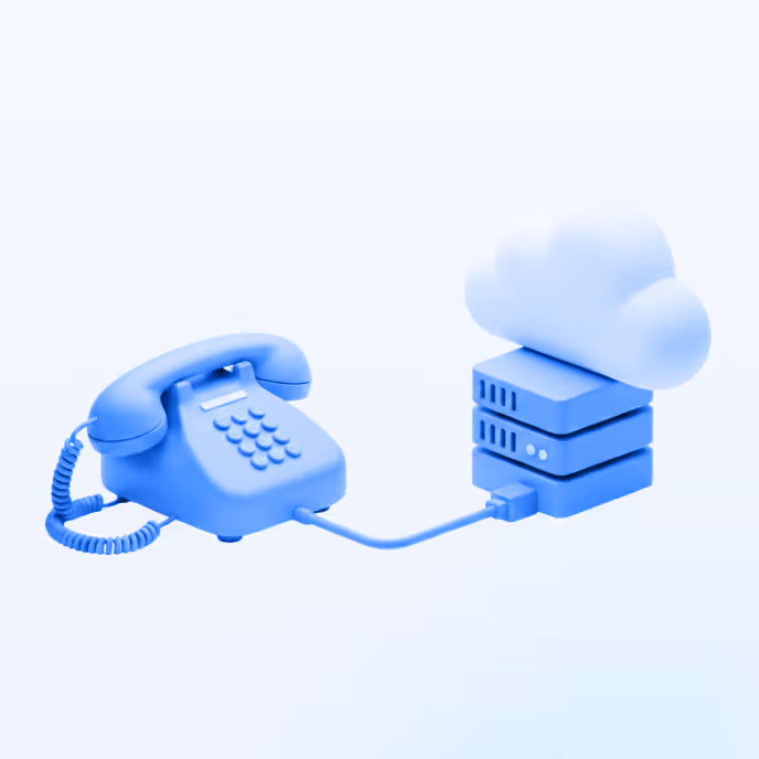 Blue rotary telephone connected by cable to cloud storage servers, symbolizing cloud communication.