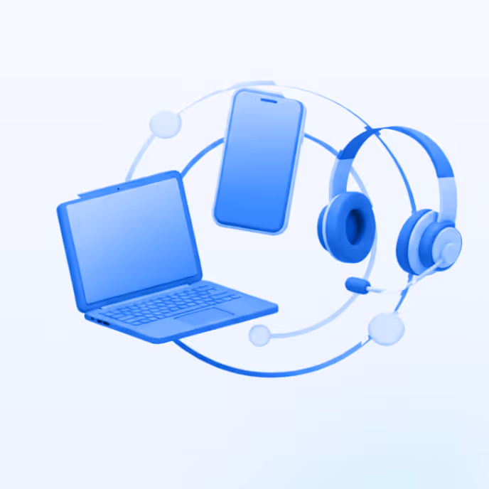 Blue 3D icons of a laptop, smartphone, and headset connected by circular orbit lines.