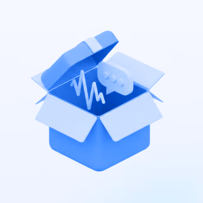 Blue open box with a pulse waveform and a chat bubble icon emerging from inside.