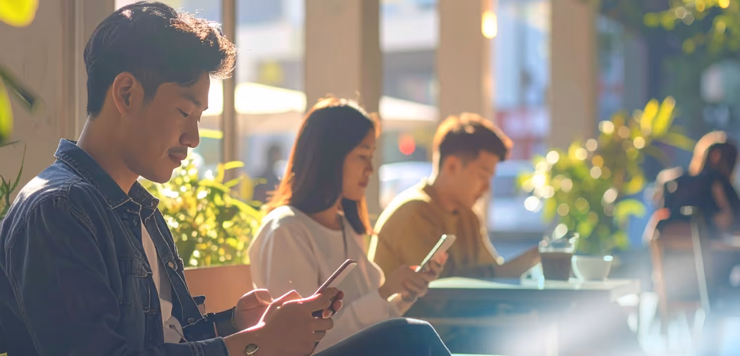 Three young adults sitting indoors, each using a smartphone, with sunlight and plants in the background.