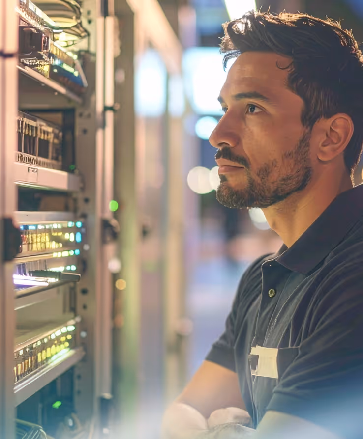 Man with folded arms intently inspecting server racks in a data center.