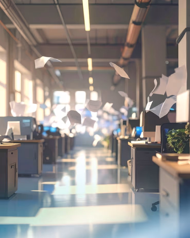 Office corridor with desks on both sides and papers floating in the air towards the vanishing point.