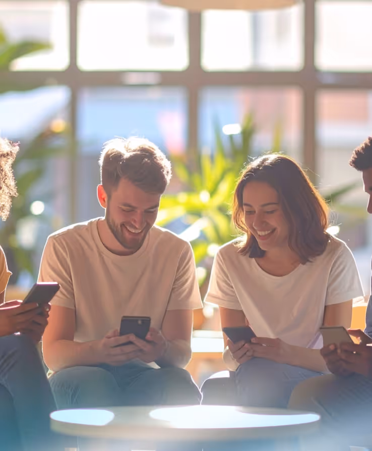 Group of four young adults sitting indoors, smiling and looking at their smartphones.