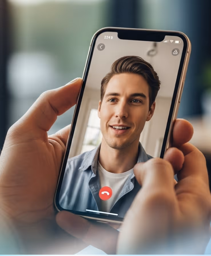 Person holding a smartphone showing a video call with a smiling young man on the screen.
