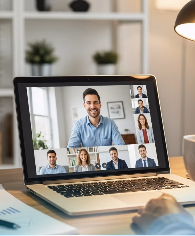 Laptop on a desk showing a video conference with six smiling participants in a virtual meeting.