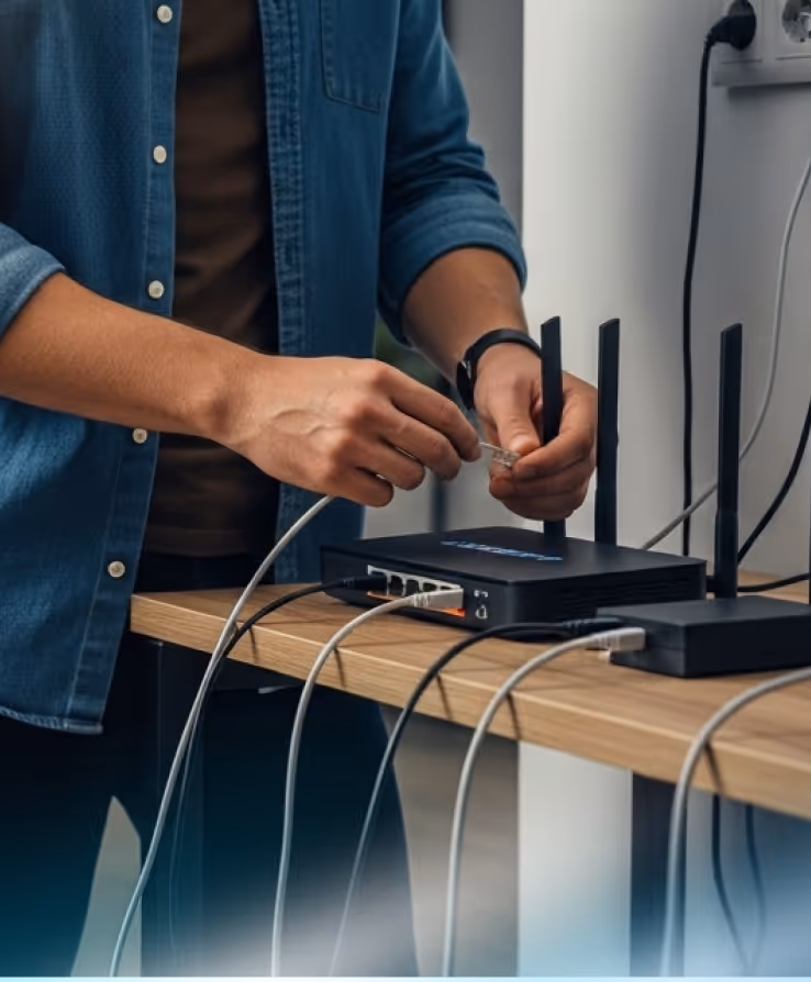 Person connecting an Ethernet cable to a wireless router with multiple cables on a wooden table.