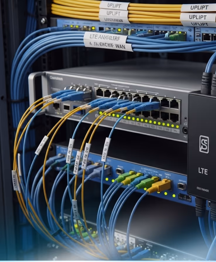 Network switch and LTE router with multiple blue and yellow Ethernet cables connected, some labeled with tags.