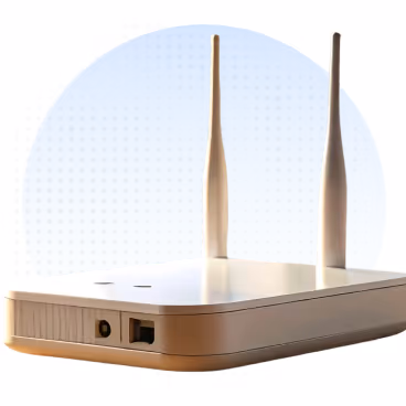 White wireless router with two antennas against a blue and white dotted background.