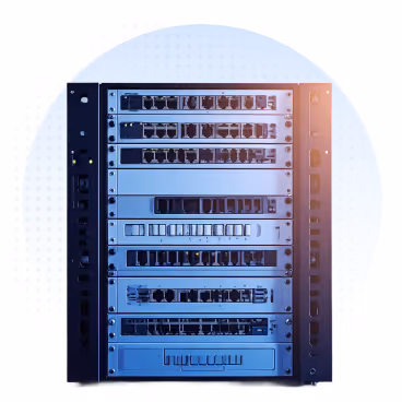 Network switch rack with multiple Ethernet ports and fiber optic connections illuminated with blue lighting.