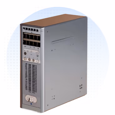 Silver and brown computer server tower with multiple ports and ventilation slots on the front panel.