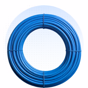 Coiled blue Ethernet cable on a blue and white dotted background.