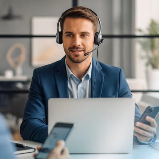 Smiling man in blue suit wearing headset, working on laptop and holding smartphone in an office.