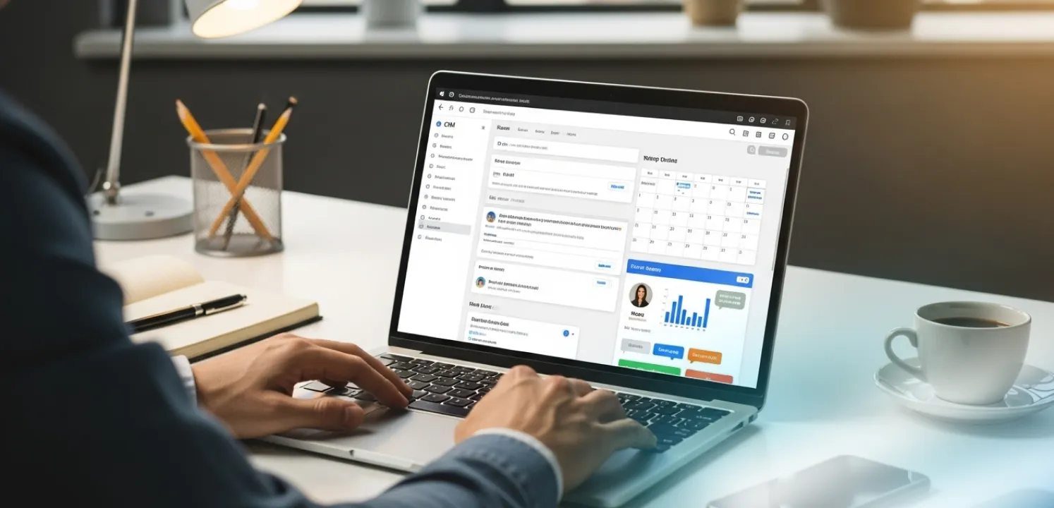 Person typing on a laptop showing a dashboard with calendar, graphs, and user profile data on a white desk.