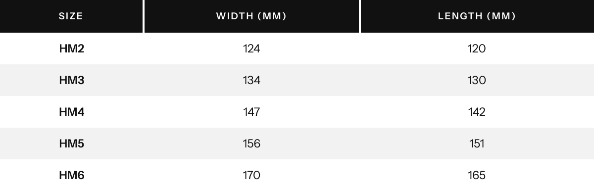 Size chart in millimeters