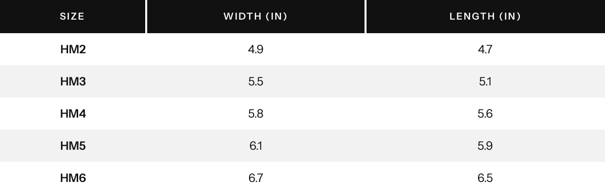 Size chart in inches