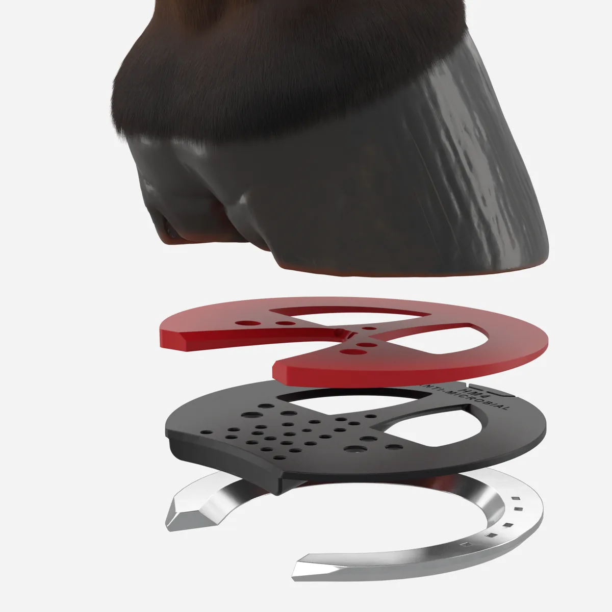 Half Mesh Pad Degree Insert on its pad with a hoof and shoe, exploded view