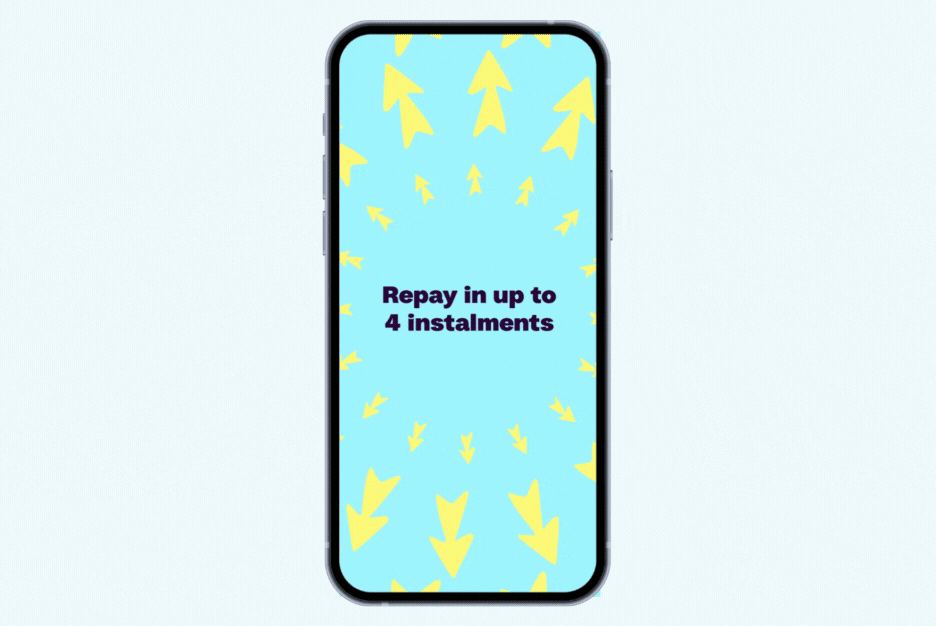 Animation that shows repayments in up to 4 instalments within the Beforepay app.