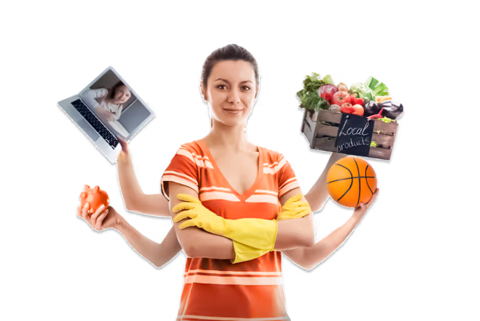 Graphic showing a girl with many hands holding different items.